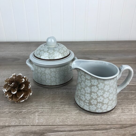 Vintage Villeroy & Boch Sugar Bowl and Creamer Set, Dalarna Blue & Brown Floral - Picture 2 of 13